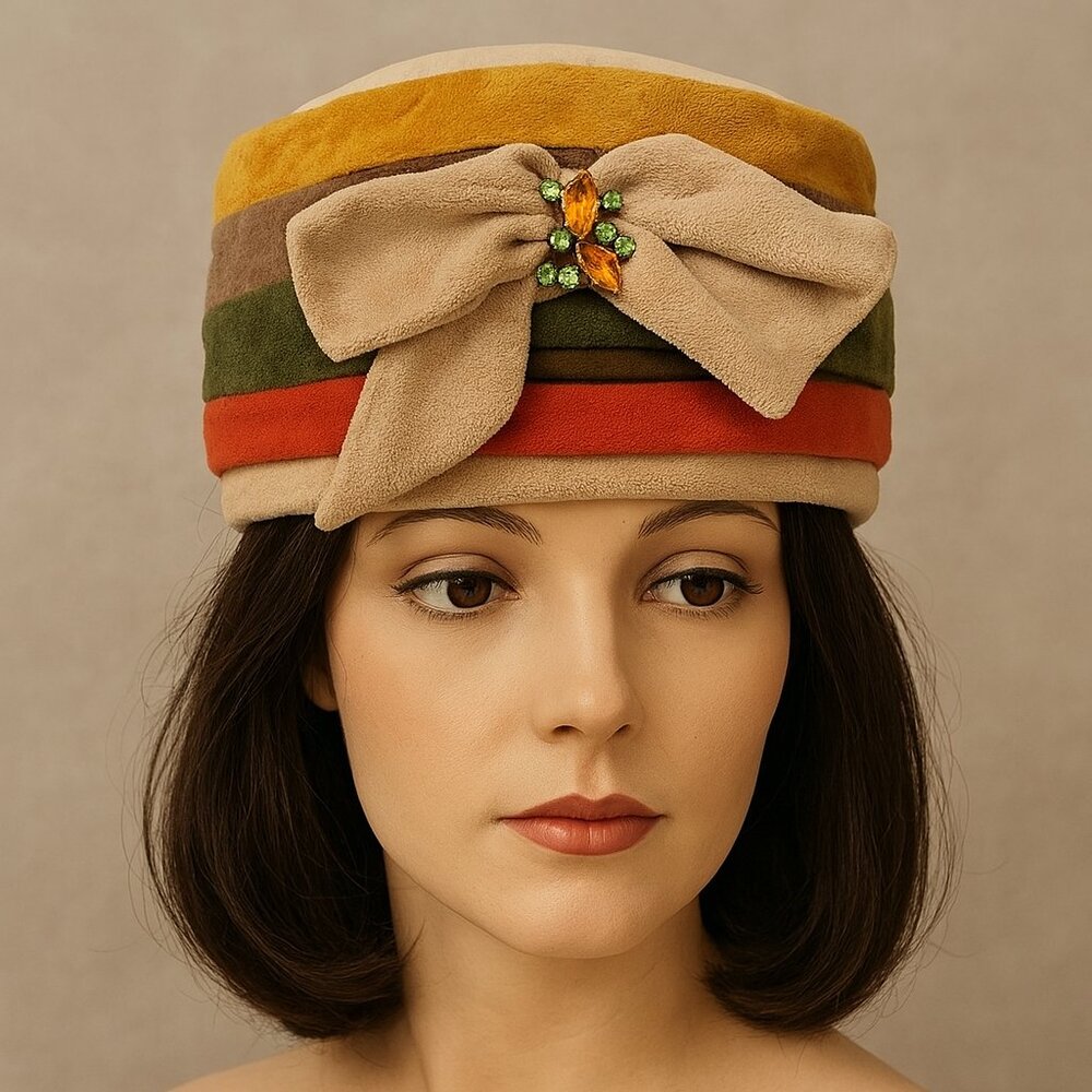 VTG Gene Doris Velvet Turban Hat – Multicolor Stripes Rhinestone Bow (1950s/60s)